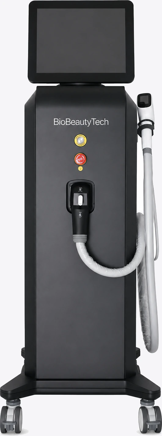 A four-wavelength diode laser platform on castors, its handpiece racked at the side and BioBeautyTech lettering across the front panel