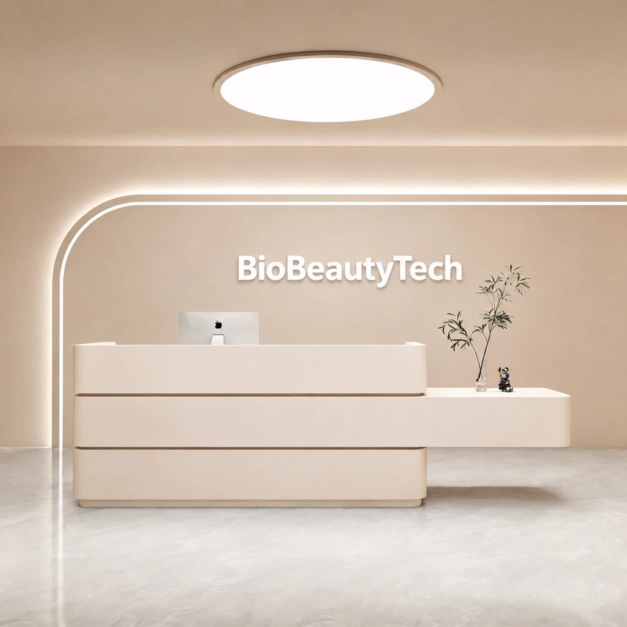 A BioBeautyTech reception under a backlit brand wall