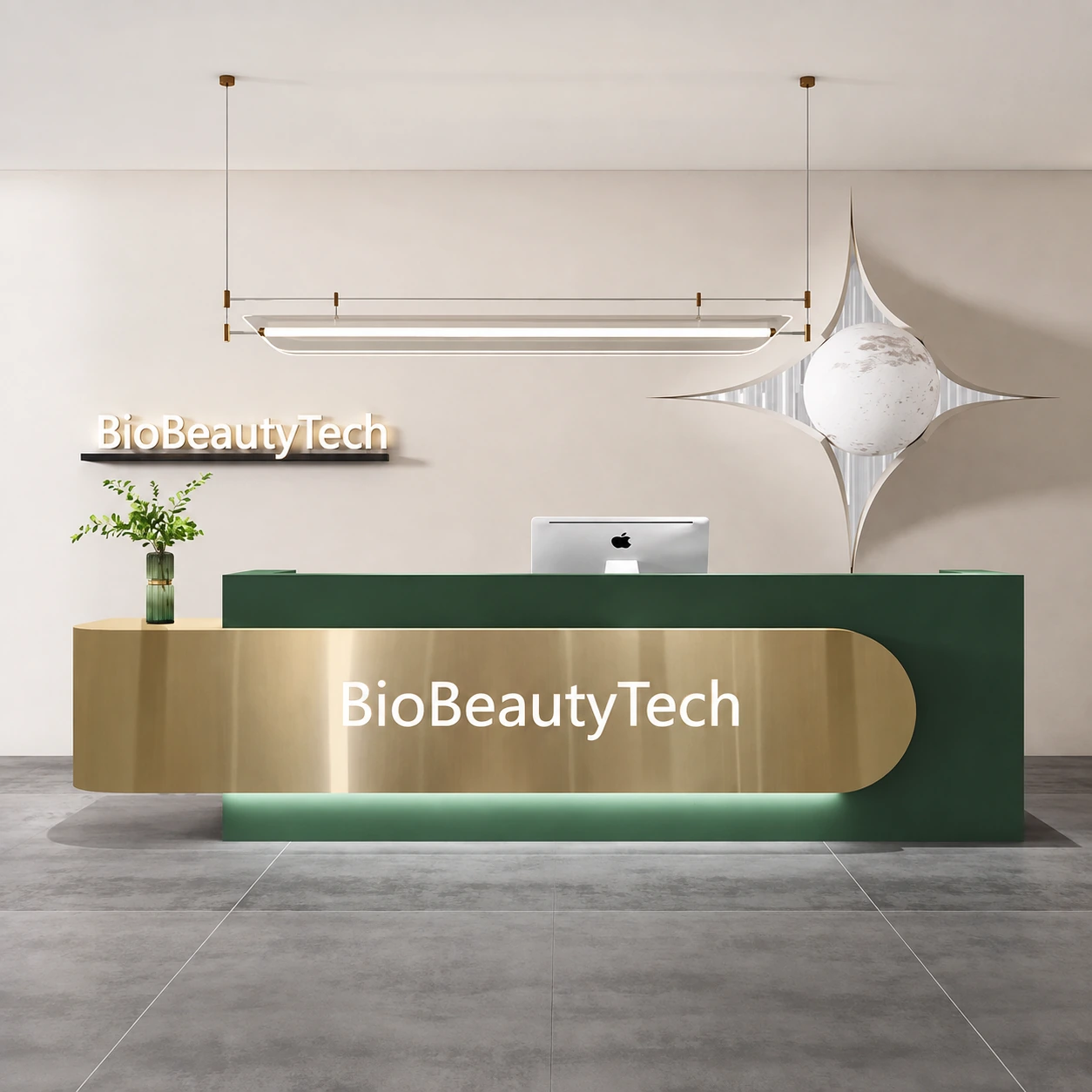A front of house with a deep green reception counter faced in brushed brass, BioBeautyTech lettering on the counter and lit on the wall behind it