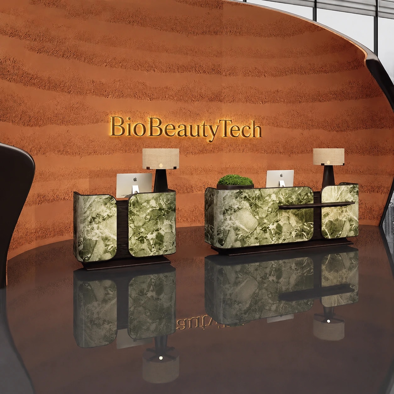 Reception desk RCP-0019 — Green marble · dark timber
