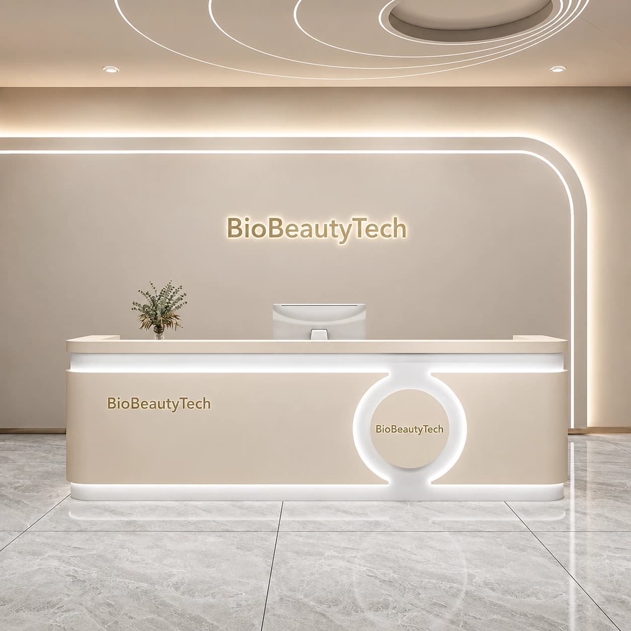 A reception counter carrying the client's own brand