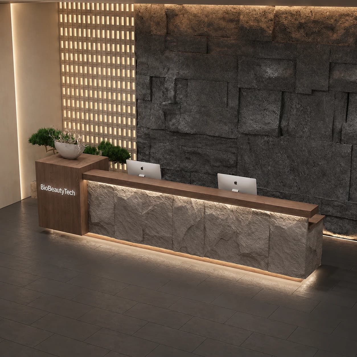 A split-stone reception counter in a completed clinic